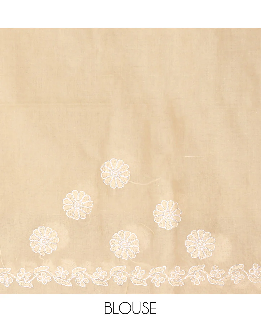 Sandal floral thread embroidered buttas Lucknowi chikankari saree, floral creeper thread embroidered border, and floral embroidered pallu - Image 3