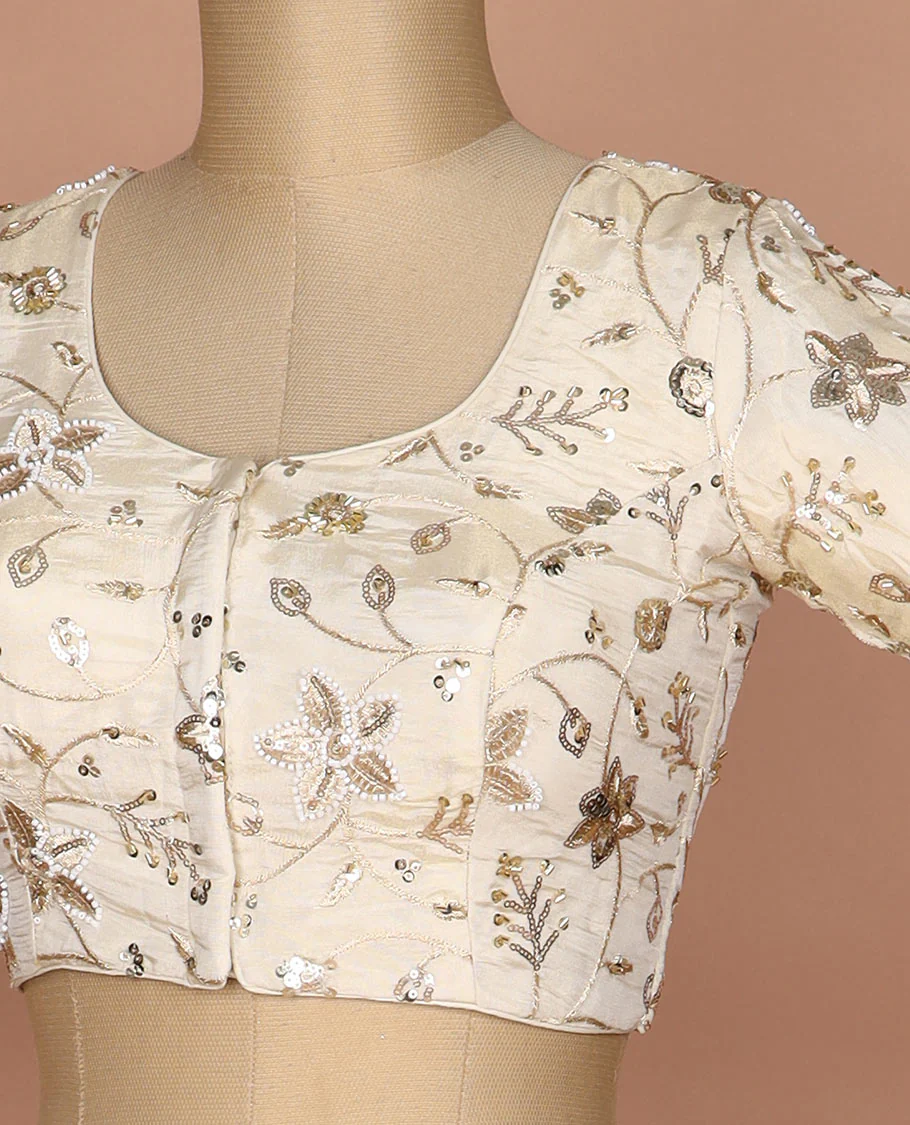 Sandal floral vine mixed embroidered round neck elbow sleeve raw silk readymade blouse - Image 2