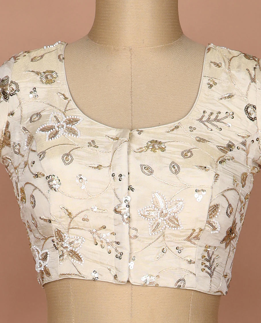 Sandal floral vine mixed embroidered round neck elbow sleeve raw silk readymade blouse - Image 3