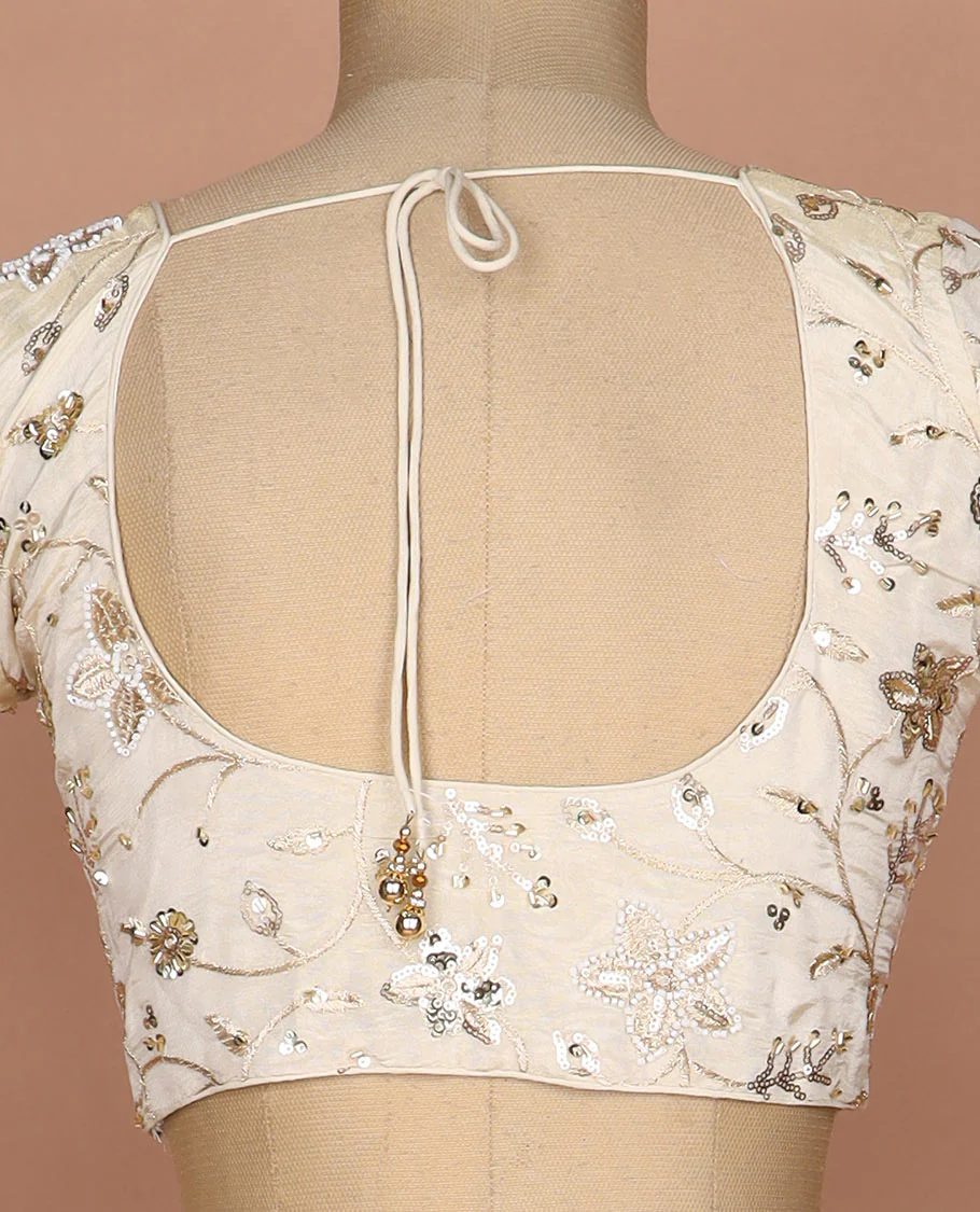 Sandal floral vine mixed embroidered round neck elbow sleeve raw silk readymade blouse - Image 4