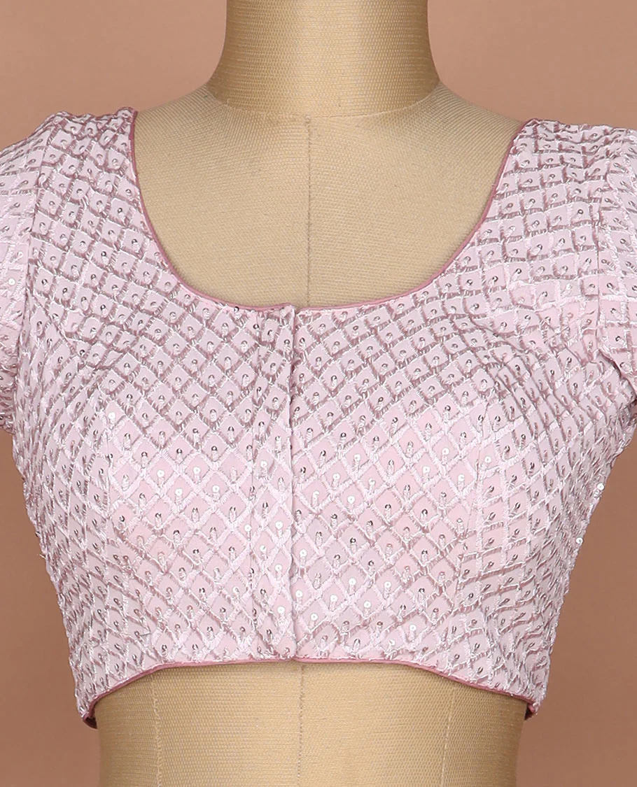 Baby pink thread and sequins argyle design embroidered round neck elbow sleeve raw silk readymade blouse - Image 3