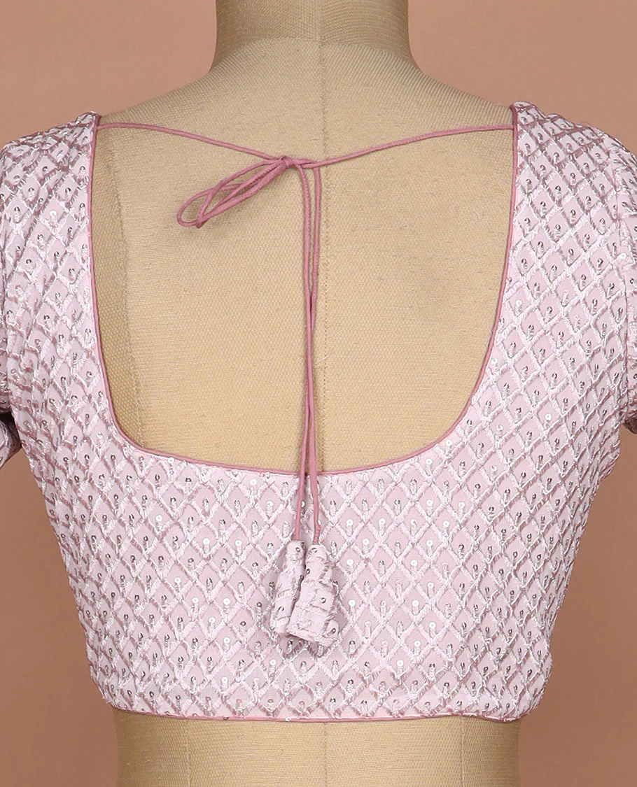 Baby pink thread and sequins argyle design embroidered round neck elbow sleeve raw silk readymade blouse - Image 4