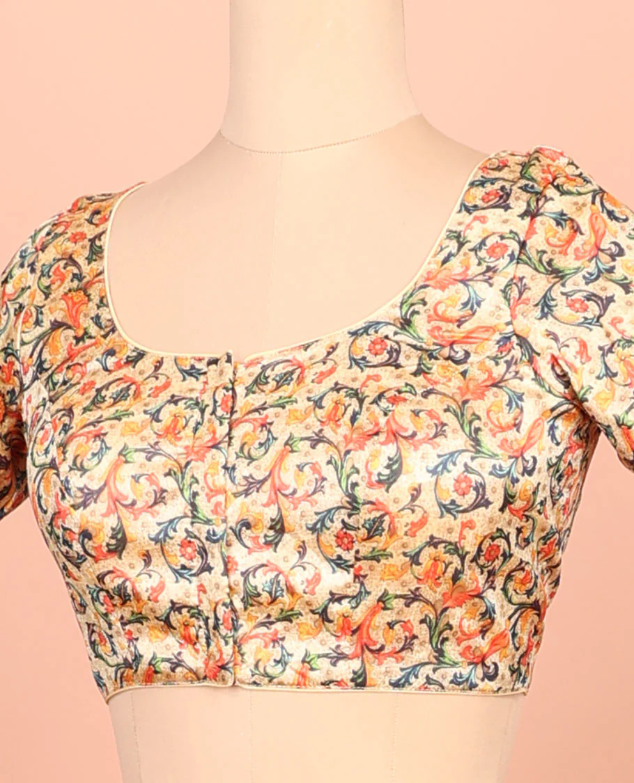 Sandal floral vine printed front-back round-neck elbow sleeve readymade blouse - Image 2