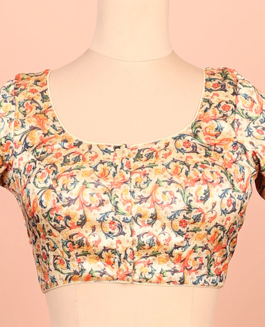 Sandal floral vine printed front-back round-neck elbow sleeve readymade blouse - Image 3