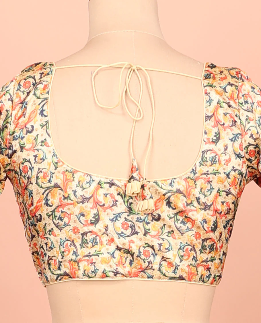 Sandal floral vine printed front-back round-neck elbow sleeve readymade blouse - Image 4