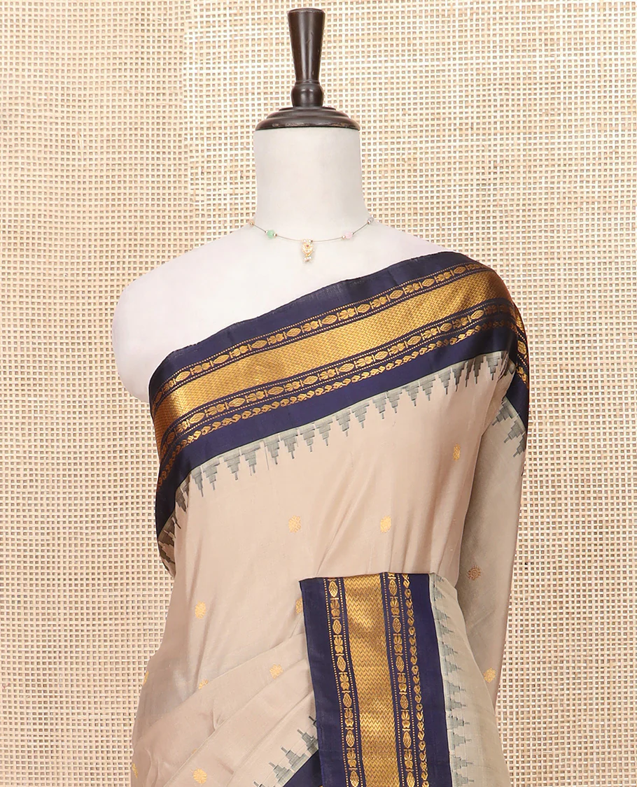 Sandal Gadwal Saree Designed with All-Over Zari Buttas, a Contrast Temple Traditional Zari Design Border, Pallu of Intricate Design, and a Contrast Blouse with Zari Designs - Image 2