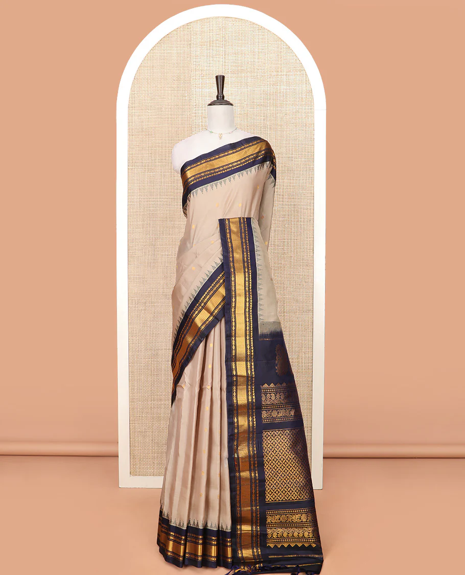 Sandal Gadwal Saree Designed with All-Over Zari Buttas, a Contrast Temple Traditional Zari Design Border, Pallu of Intricate Design, and a Contrast Blouse with Zari Designs - Image 3