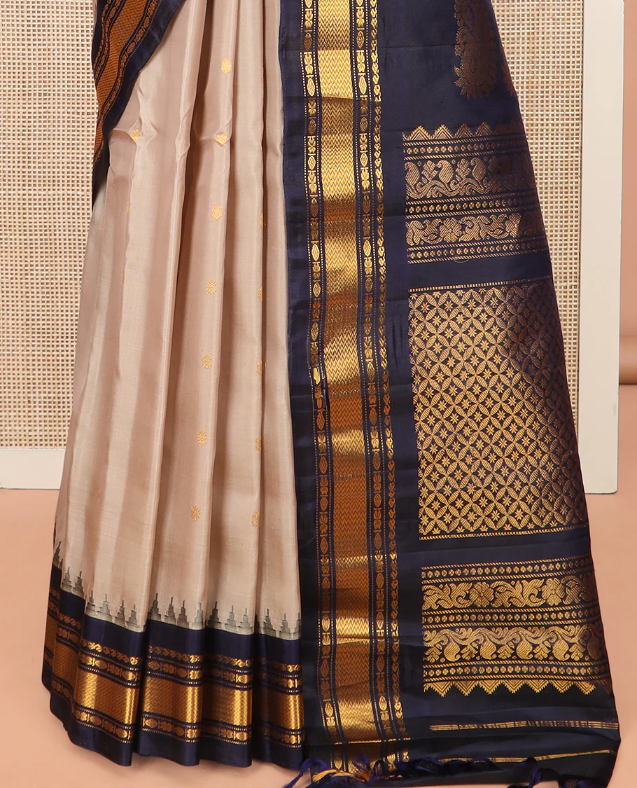 Sandal Gadwal Saree Designed with All-Over Zari Buttas, a Contrast Temple Traditional Zari Design Border, Pallu of Intricate Design, and a Contrast Blouse with Zari Designs - Image 4