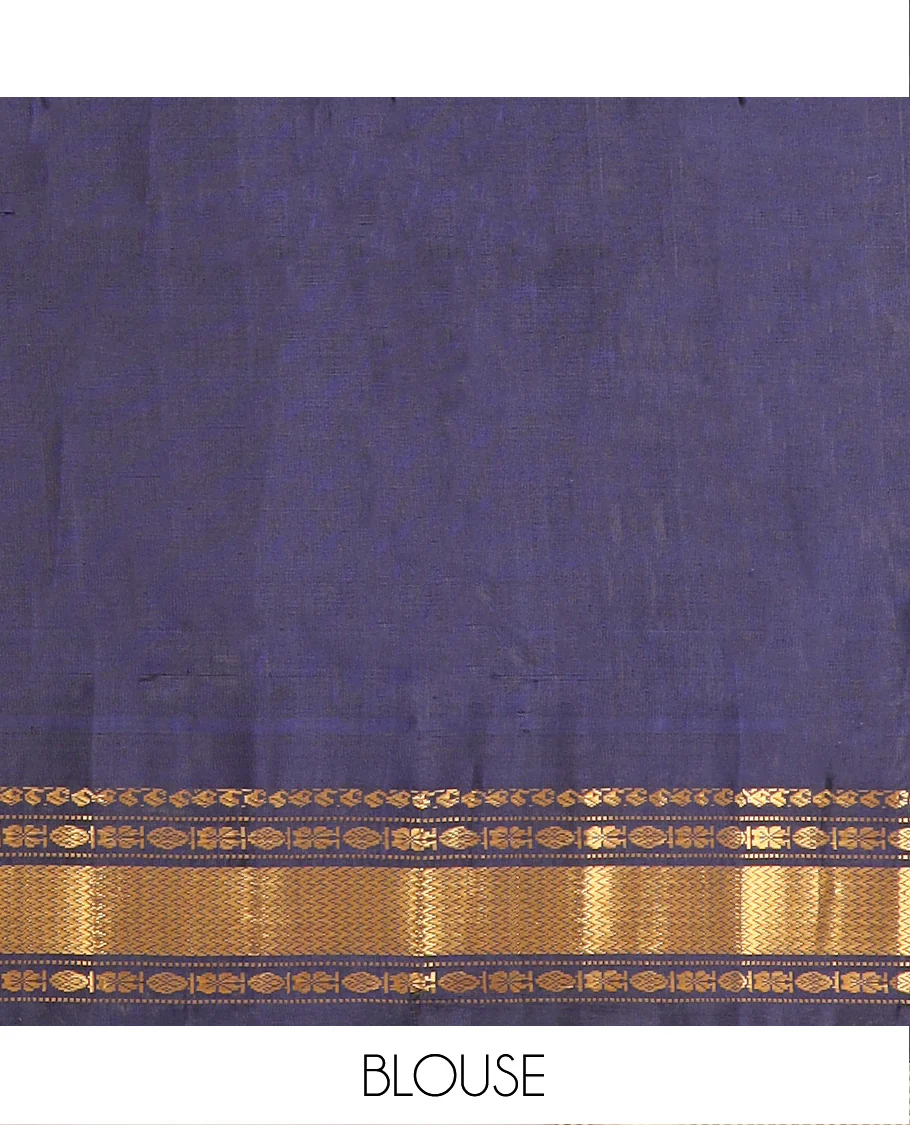 Sandal Gadwal Saree Designed with All-Over Zari Buttas, a Contrast Temple Traditional Zari Design Border, Pallu of Intricate Design, and a Contrast Blouse with Zari Designs - Image 5