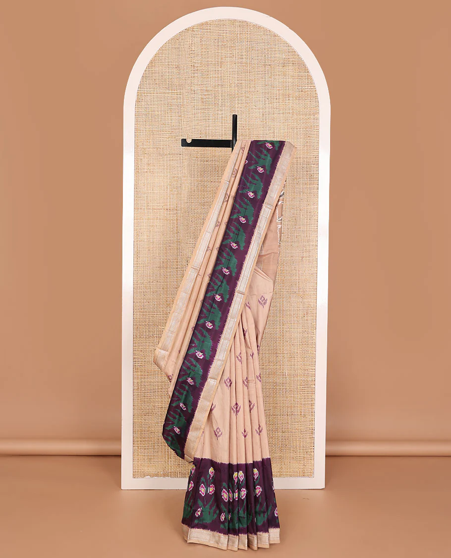 Sandal ikkat buttas ikkat saree, contrast ikkat floral border of zari designs & pallu of ikkat designs - Image 2