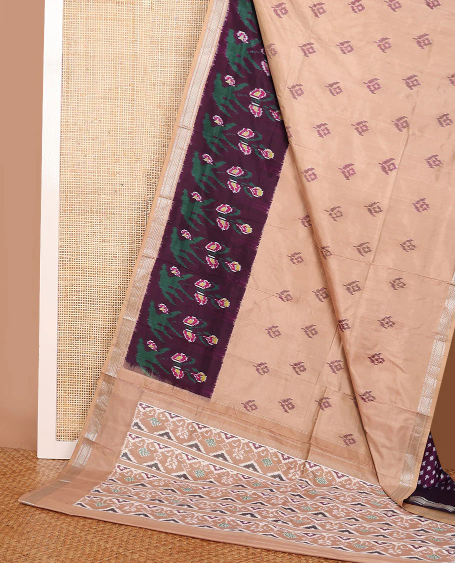 Sandal ikkat buttas ikkat saree, contrast ikkat floral border of zari designs & pallu of ikkat designs - Image 3