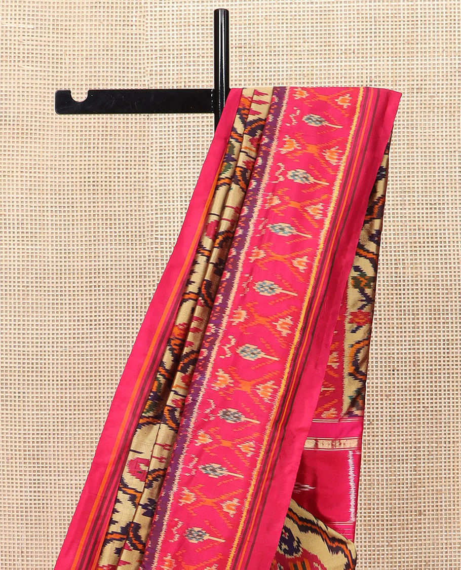 Sandal Ikkat Silk Saree Featuring Kaleidoscopic-Coloured Flora or Fauna Motifs Enclosed in Mughal Jaal, Complemented by a Contrast Ikkat Border, Adorned with a Pallu of Patola Fauna Motifs, and a Plain Contrast Blouse - Image 3