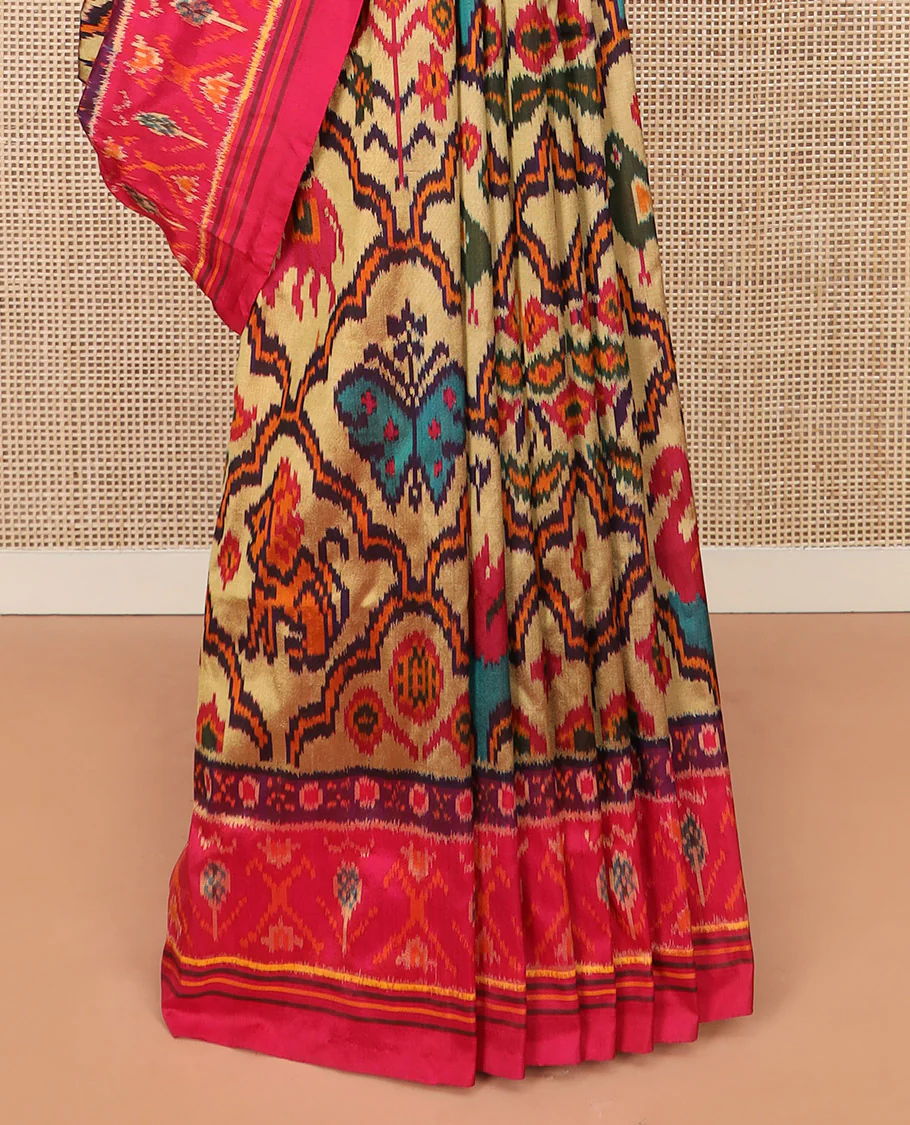 Sandal Ikkat Silk Saree Featuring Kaleidoscopic-Coloured Flora or Fauna Motifs Enclosed in Mughal Jaal, Complemented by a Contrast Ikkat Border, Adorned with a Pallu of Patola Fauna Motifs, and a Plain Contrast Blouse - Image 4