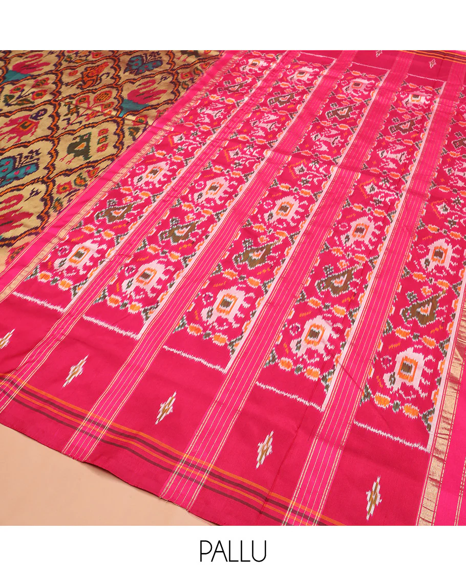 Sandal Ikkat Silk Saree Featuring Kaleidoscopic-Coloured Flora or Fauna Motifs Enclosed in Mughal Jaal, Complemented by a Contrast Ikkat Border, Adorned with a Pallu of Patola Fauna Motifs, and a Plain Contrast Blouse - Image 5