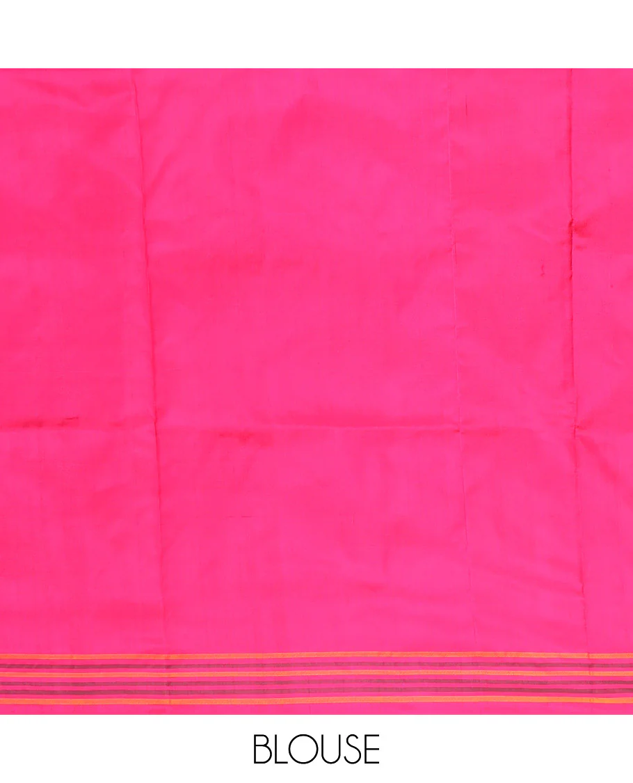 Sandal Ikkat Silk Saree Featuring Kaleidoscopic-Coloured Flora or Fauna Motifs Enclosed in Mughal Jaal, Complemented by a Contrast Ikkat Border, Adorned with a Pallu of Patola Fauna Motifs, and a Plain Contrast Blouse - Image 6
