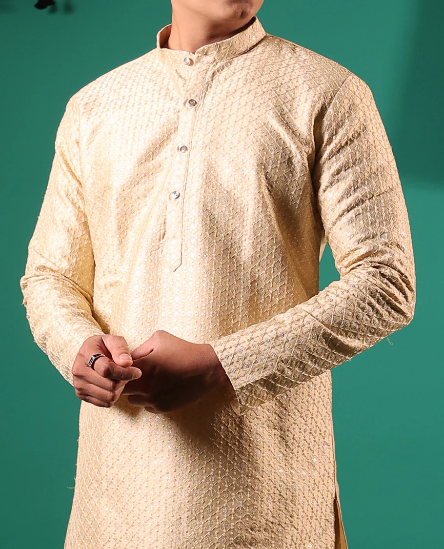 Sandal jaal pattern sequins embroidered full-sleeved men's kurta - Image 4