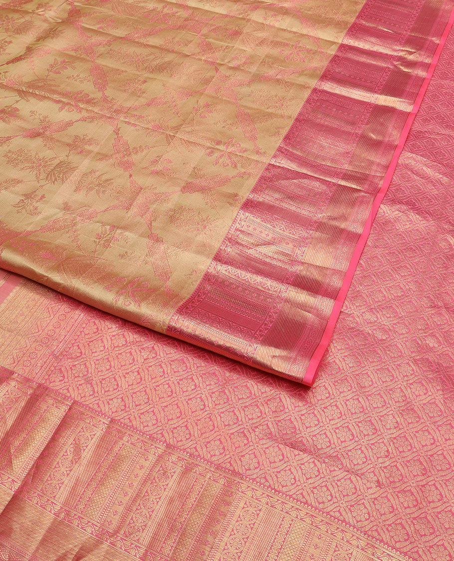 Sandal jacquard Kanchipuram wedding silk saree, contrast border of thilakam, banaras, neli, kathir, mayil kann, and diamond designs, and jaal pallu - Image 2