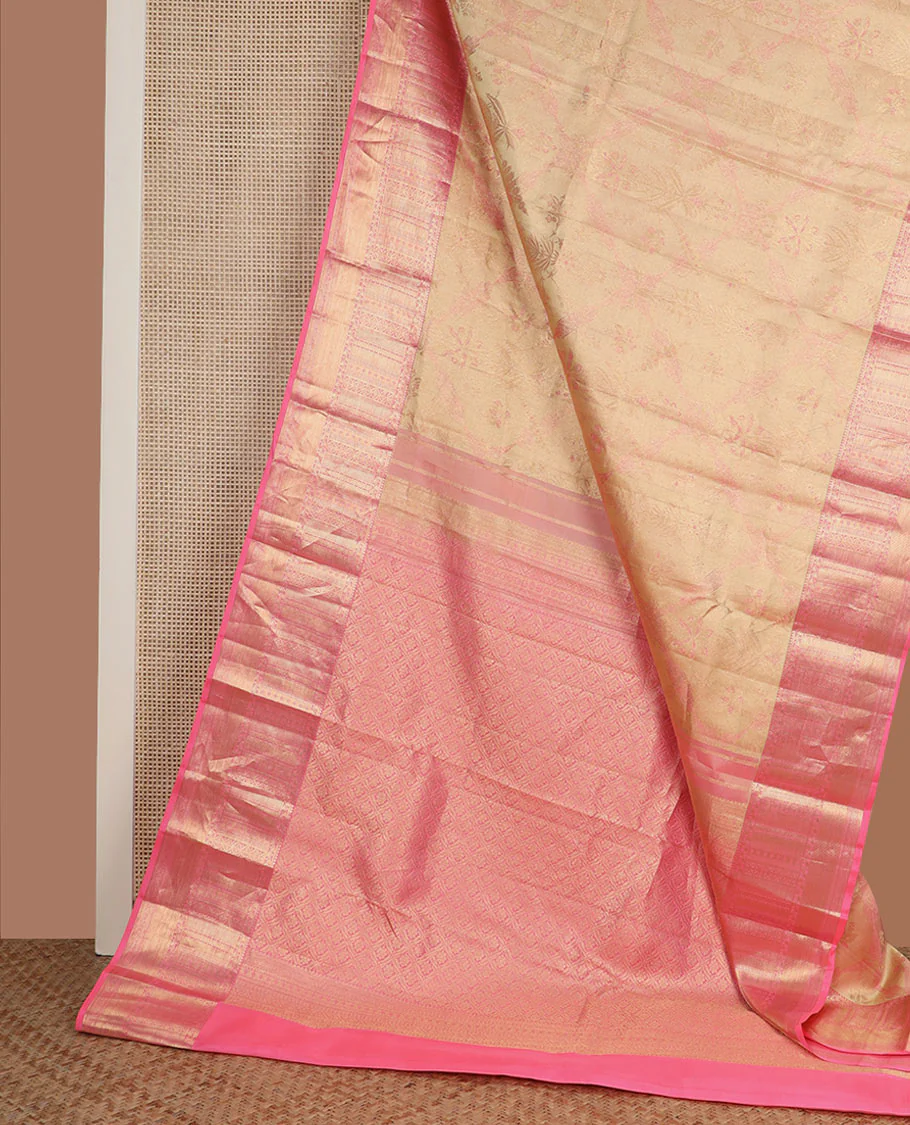 Sandal jacquard Kanchipuram wedding silk saree, contrast border of thilakam, banaras, neli, kathir, mayil kann, and diamond designs, and jaal pallu - Image 3