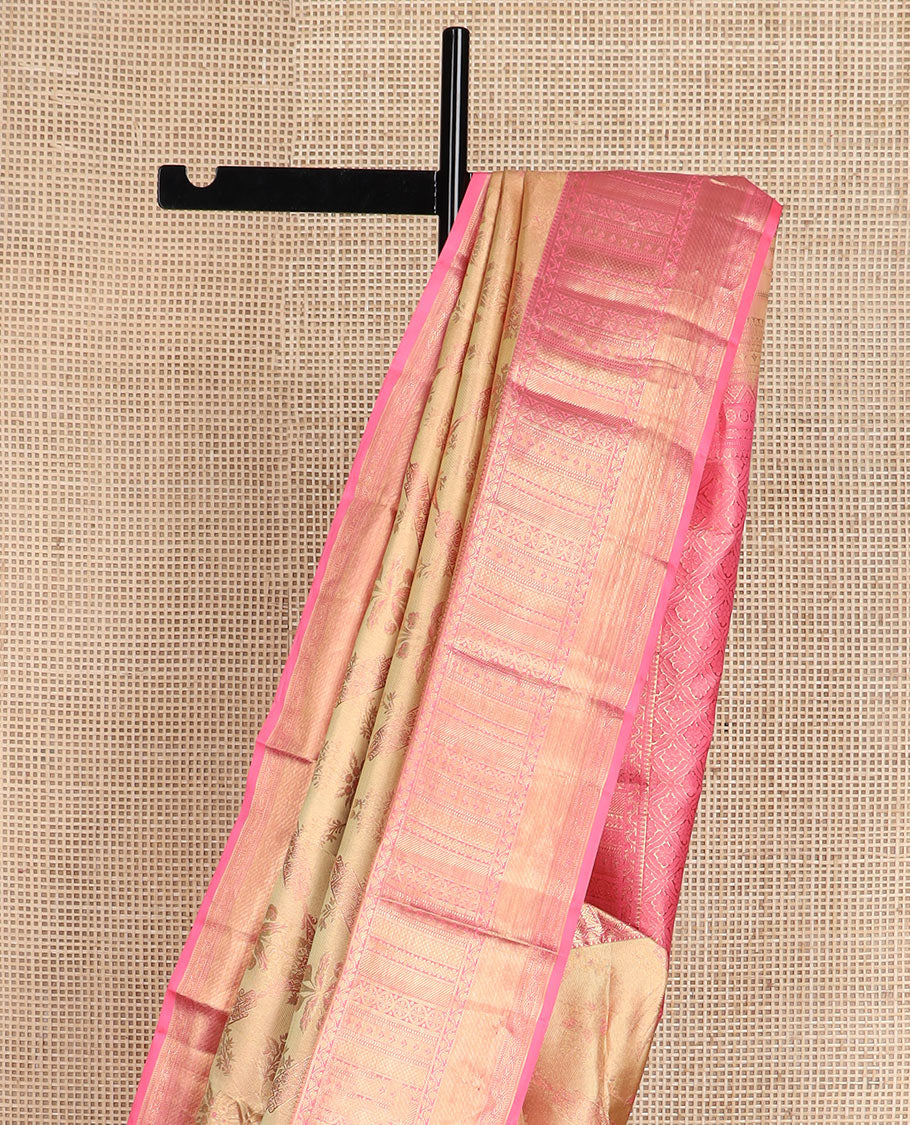 Sandal jacquard Kanchipuram wedding silk saree, contrast border of thilakam, banaras, neli, kathir, mayil kann, and diamond designs, and jaal pallu - Image 4