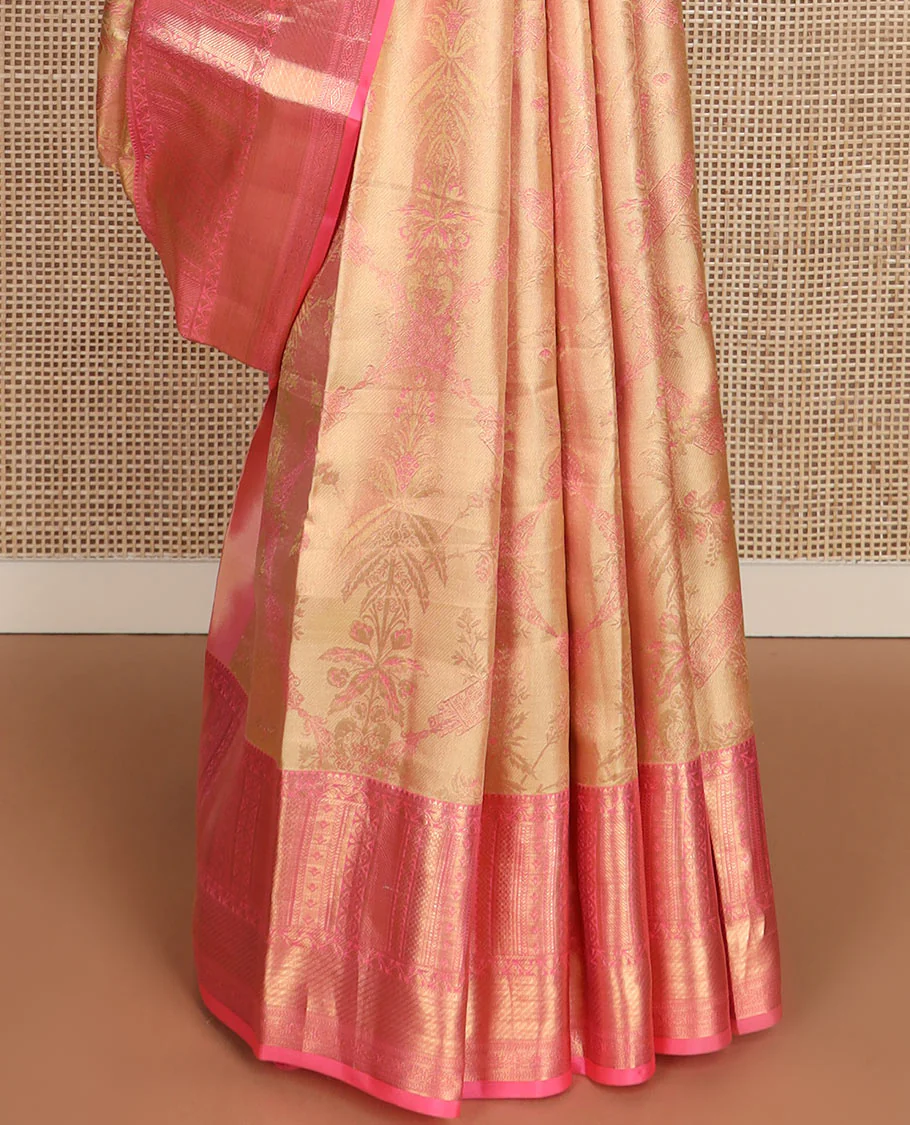 Sandal jacquard Kanchipuram wedding silk saree, contrast border of thilakam, banaras, neli, kathir, mayil kann, and diamond designs, and jaal pallu - Image 5