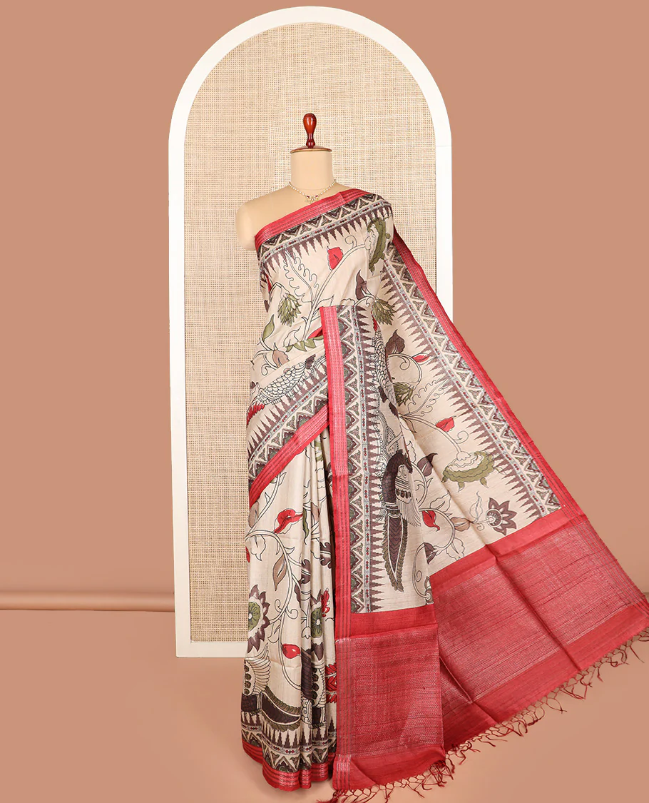 Sandal kalamkari floral and floral vine printed tussar saree, contrast border, and striped pallu