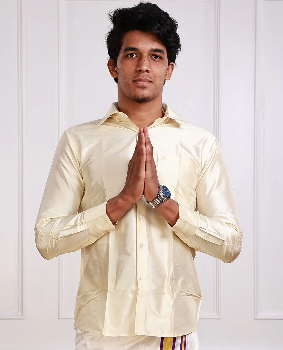 Sandal plain design full-sleeve pure-silk material shirt - Image 2
