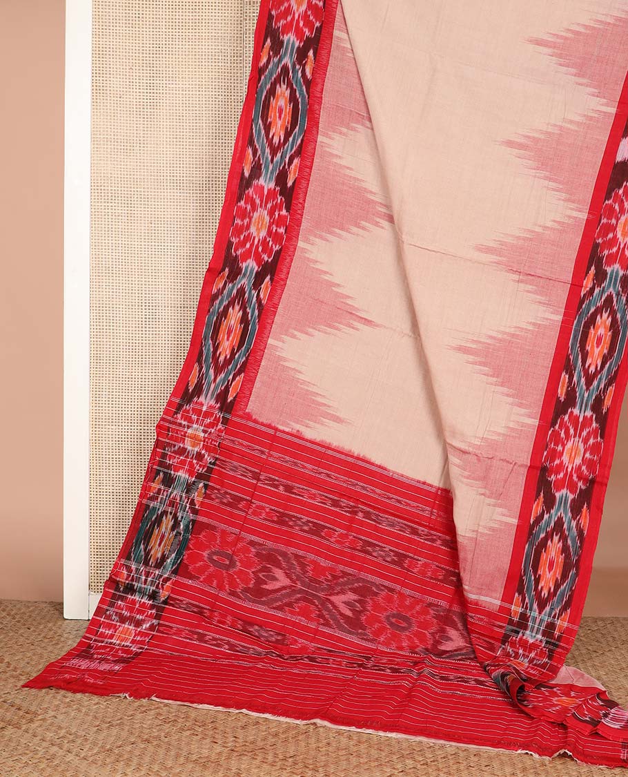 Sandal plain ikkat cotton saree, contrast temple ikkat border, and pallu of ikkat designs - Image 2