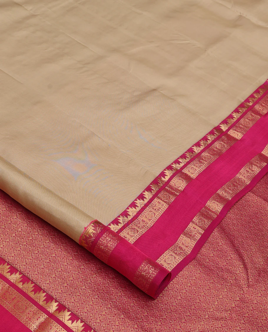 Sandal plain Kanchipuram silk saree, contrast rettai pettu border of thazampoo rekku, neli, chakram, and kuthirai, and jaal pallu - Image 2