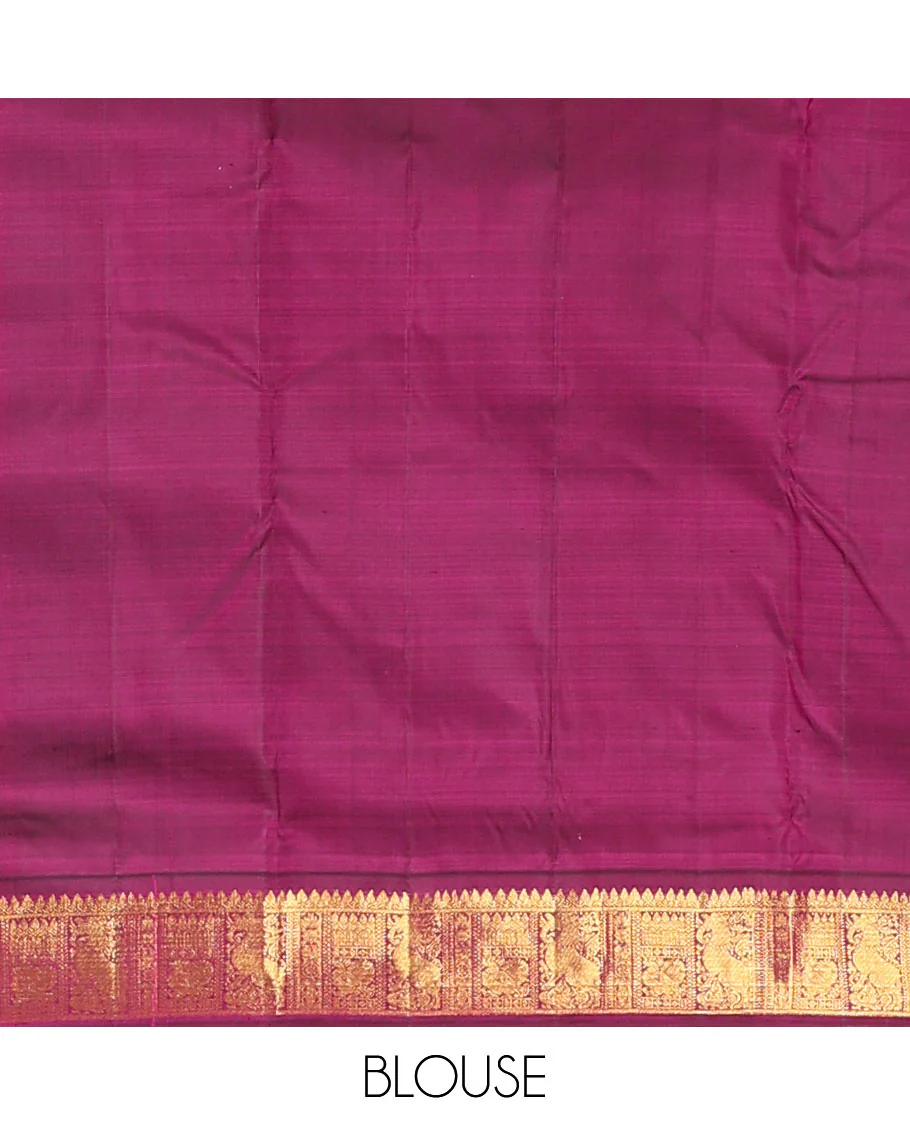 Sandal plain nine-yard silk saree, contrast border of thilakam mokku, neli, mayil and yaali designs, and zari design pallu - Image 3