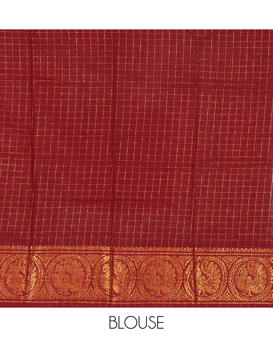 Sandal plain sungudi cotton saree with contrast traditional border of peacocks, zari striped pallu, and a contrast zari checked blouse - Image 3