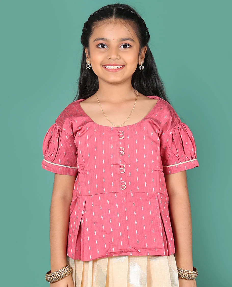Sandal readymade art silk pavadai, sparrow buttas & contrast traditional border skirt, & contrast buttas round neck puff-sleeve blouse - Image 2
