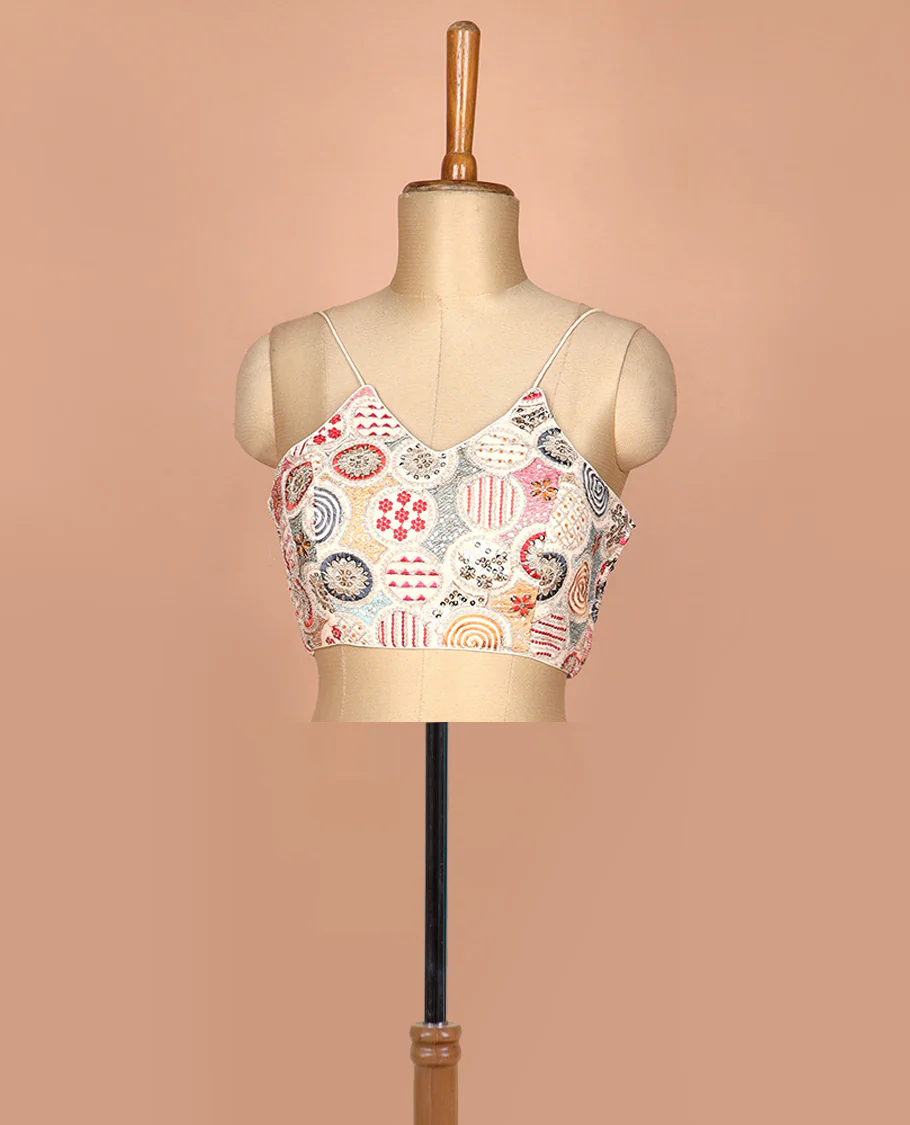 Sandal resham thread and sequins embroidered spaghetti sleeve V-neck readymade blouse