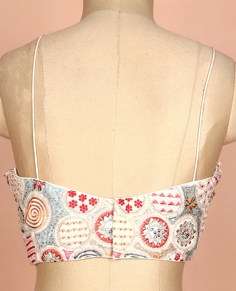 Sandal resham thread and sequins embroidered spaghetti sleeve V-neck readymade blouse - Image 4