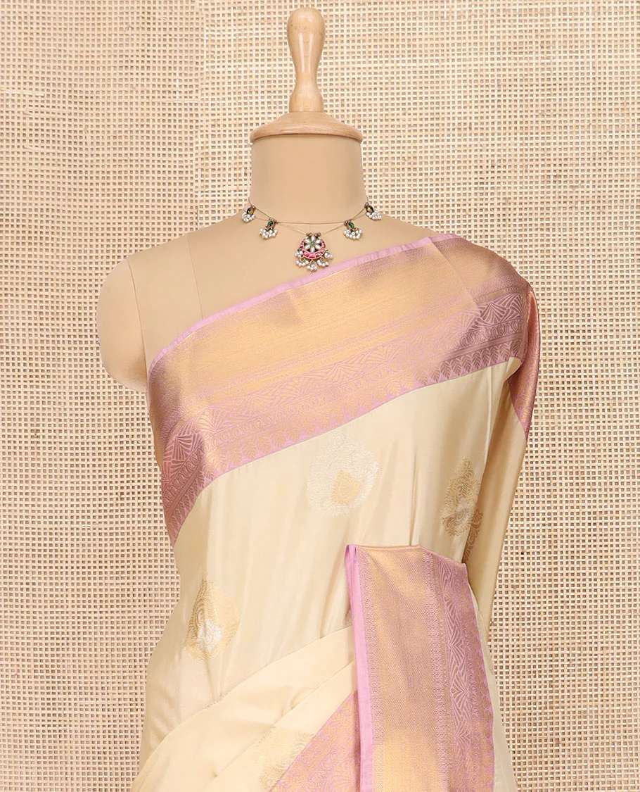 Sandal Semi-Soft Silk Saree Enthralled with Zari Buttas All Over Its Body, Complemented by a Contrast Traditional Zari Design Border, Pallu of Paisley Designs, and Paired with a Contrast Blouse - Image 2