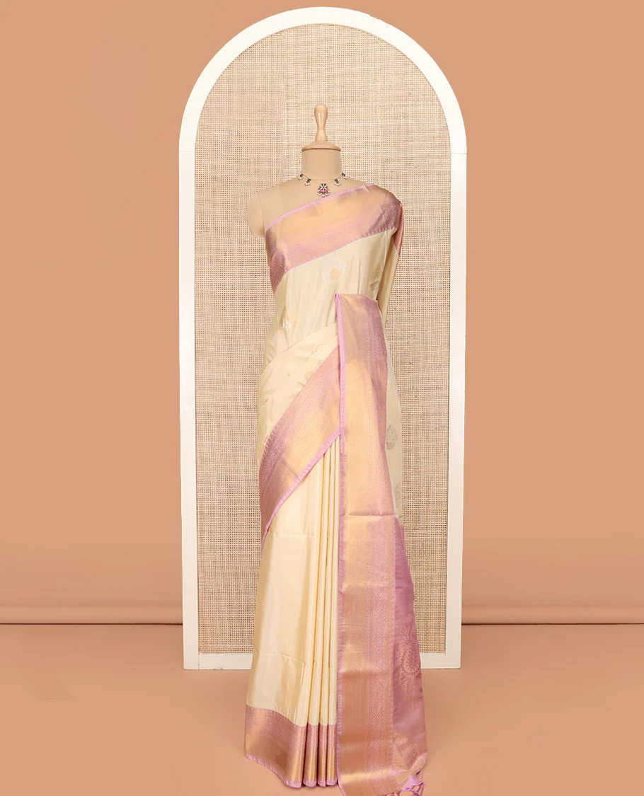 Sandal Semi-Soft Silk Saree Enthralled with Zari Buttas All Over Its Body, Complemented by a Contrast Traditional Zari Design Border, Pallu of Paisley Designs, and Paired with a Contrast Blouse - Image 3