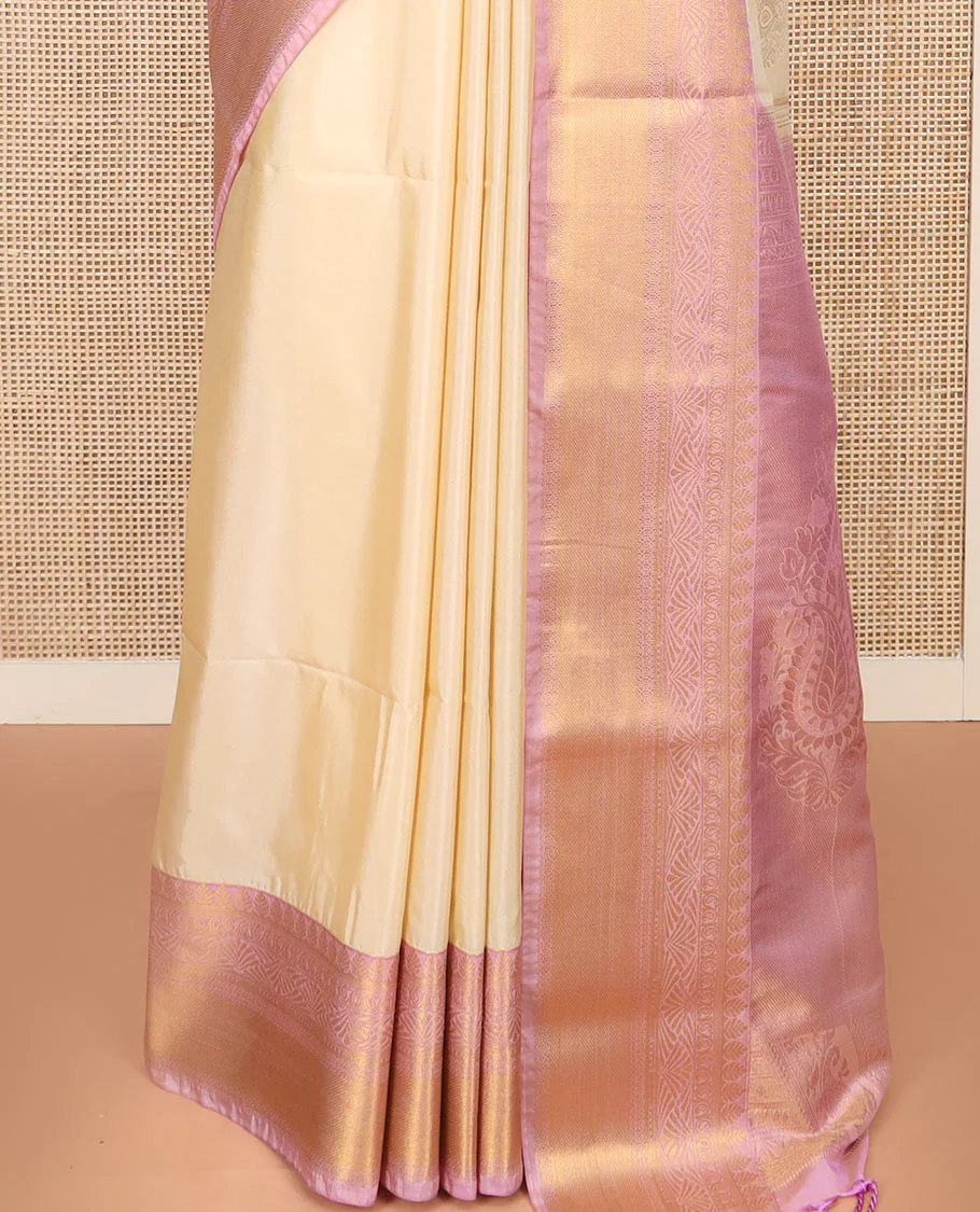 Sandal Semi-Soft Silk Saree Enthralled with Zari Buttas All Over Its Body, Complemented by a Contrast Traditional Zari Design Border, Pallu of Paisley Designs, and Paired with a Contrast Blouse - Image 4