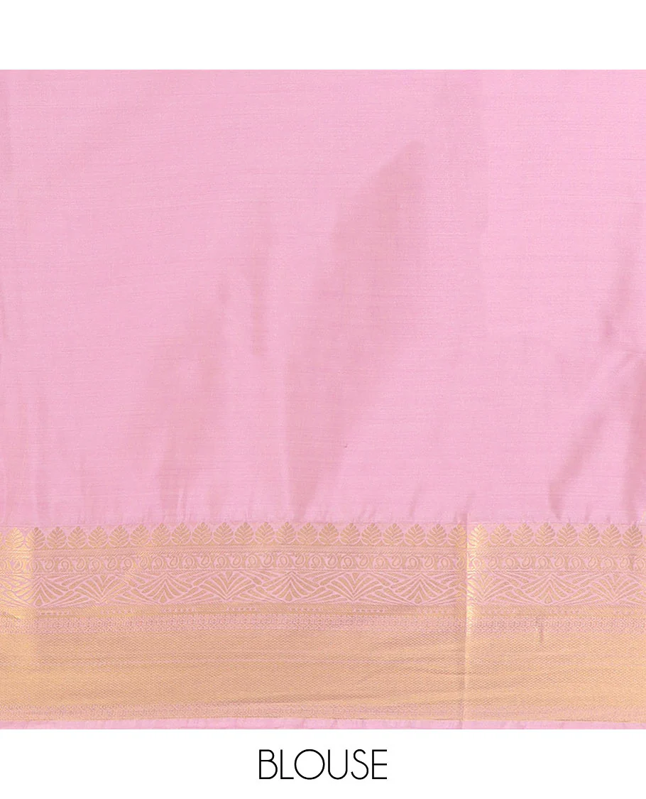 Sandal Semi-Soft Silk Saree Enthralled with Zari Buttas All Over Its Body, Complemented by a Contrast Traditional Zari Design Border, Pallu of Paisley Designs, and Paired with a Contrast Blouse - Image 5