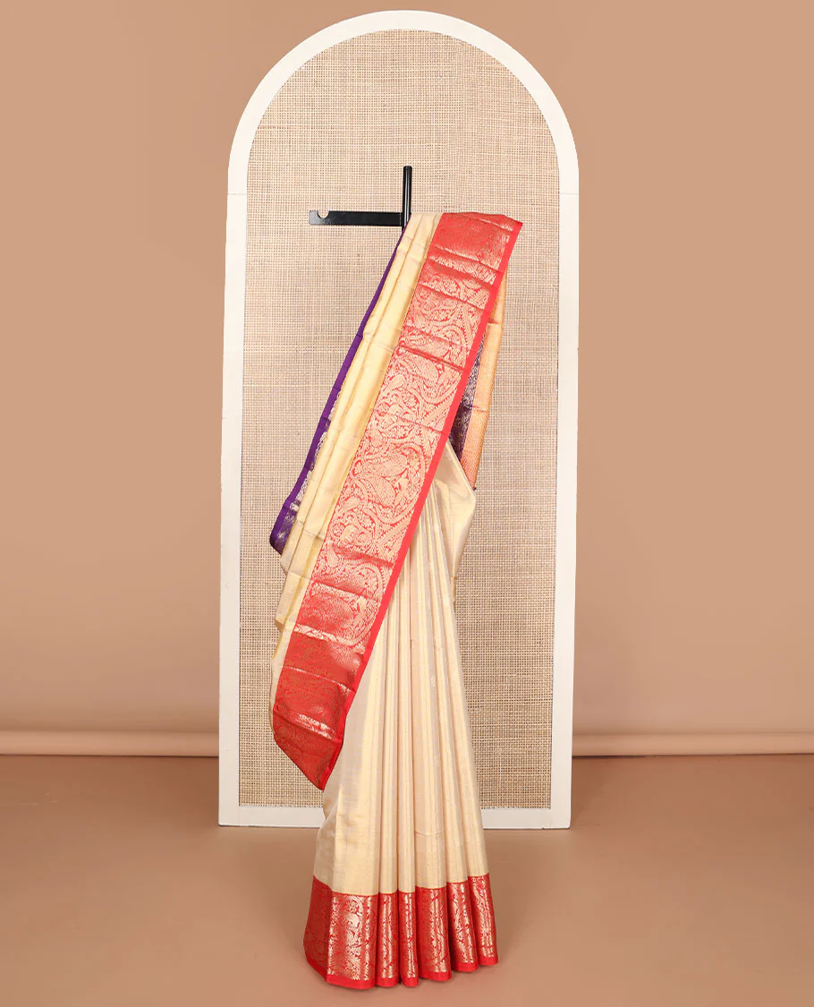 Sandal Samudrika silk saree with zari buttas, contrast ganga jamuna border of kamalam, mayil, yaanai & manga designs & zari geometric patterned pallu