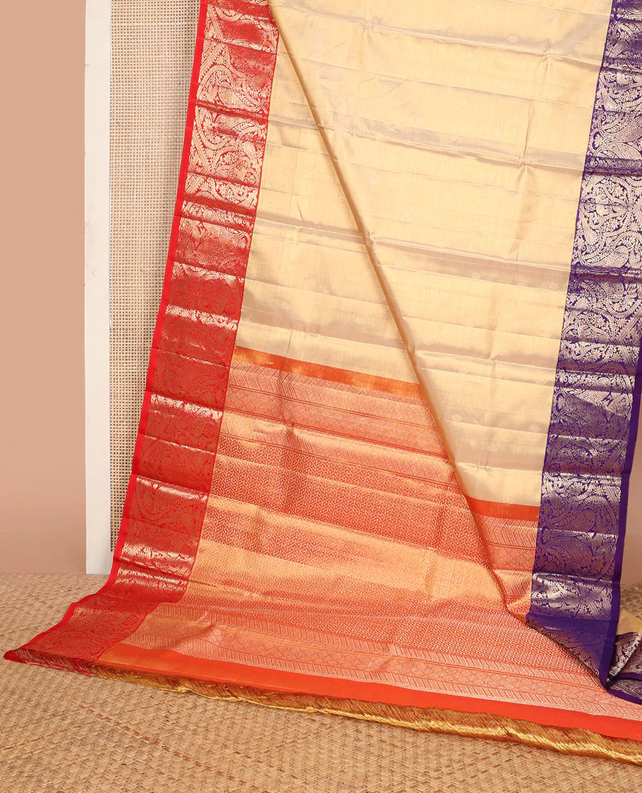 Sandal Samudrika silk saree with zari buttas, contrast ganga jamuna border of kamalam, mayil, yaanai & manga designs & zari geometric patterned pallu - Image 2