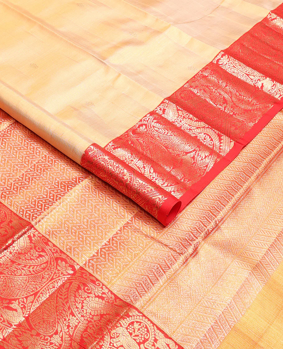 Sandal Samudrika silk saree with zari buttas, contrast ganga jamuna border of kamalam, mayil, yaanai & manga designs & zari geometric patterned pallu - Image 3