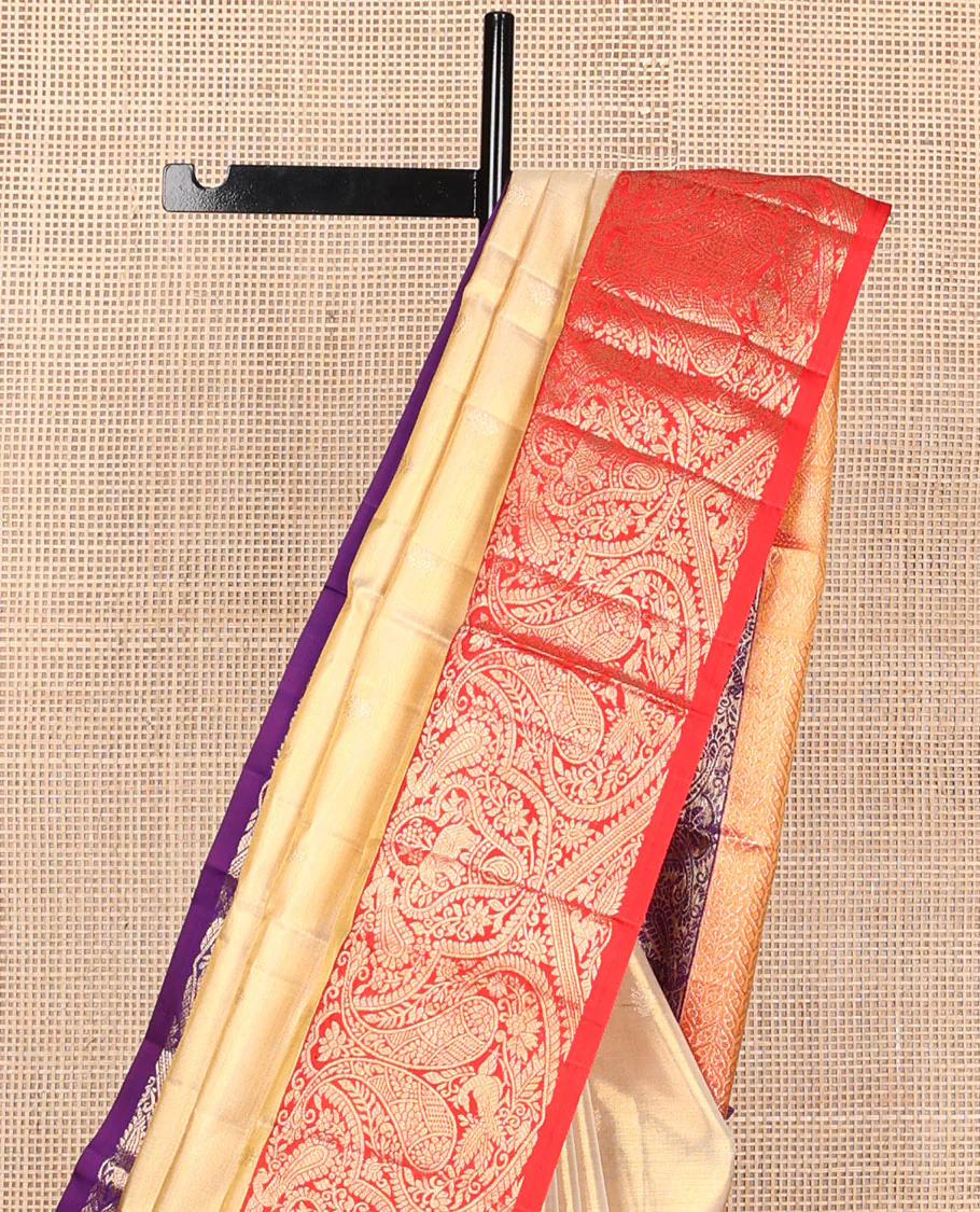 Sandal Samudrika silk saree with zari buttas, contrast ganga jamuna border of kamalam, mayil, yaanai & manga designs & zari geometric patterned pallu - Image 4