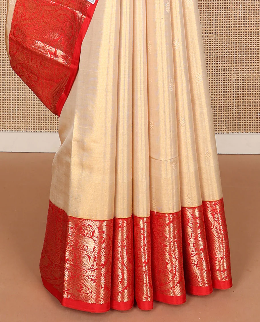 Sandal Samudrika silk saree with zari buttas, contrast ganga jamuna border of kamalam, mayil, yaanai & manga designs & zari geometric patterned pallu - Image 5