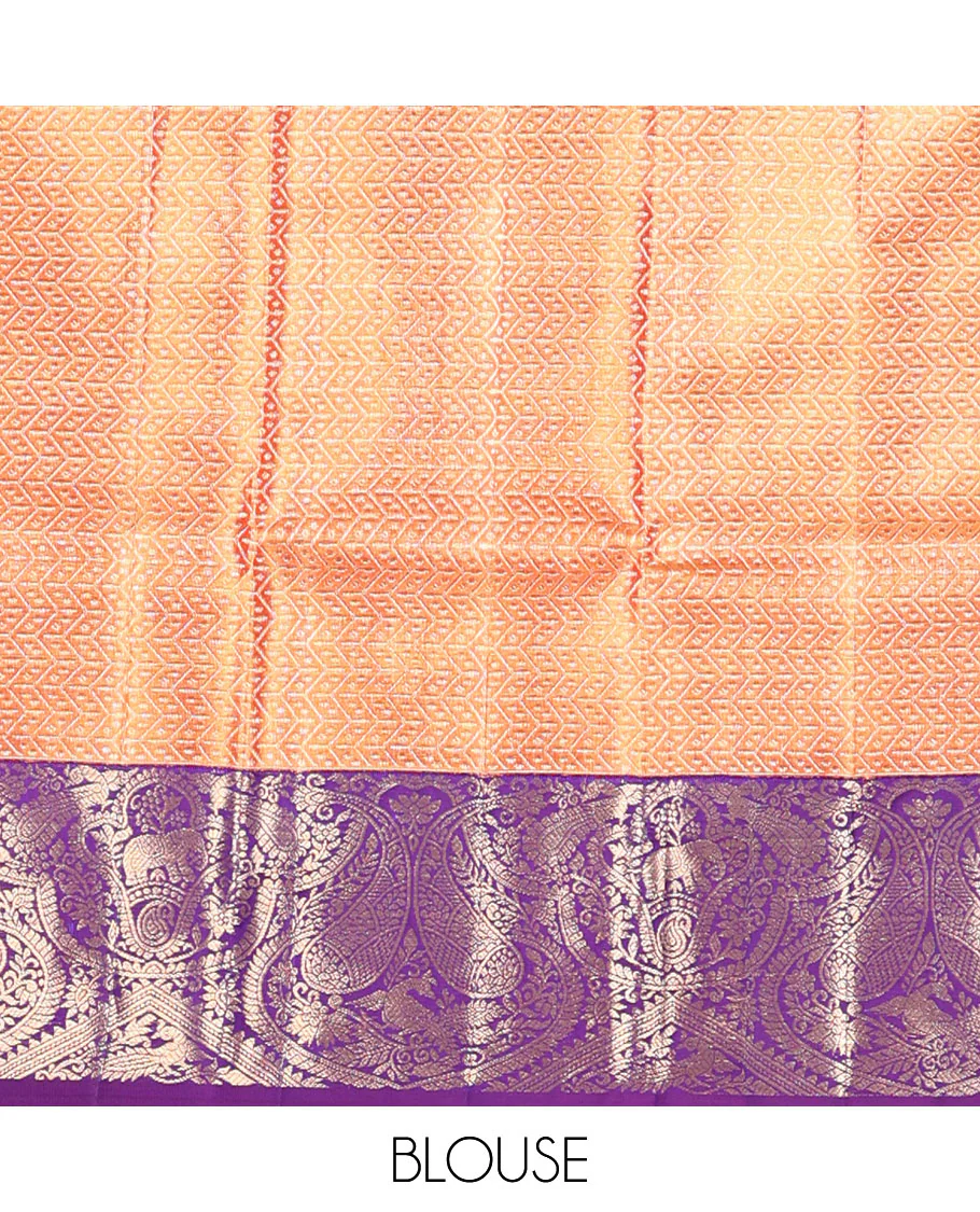Sandal Samudrika silk saree with zari buttas, contrast ganga jamuna border of kamalam, mayil, yaanai & manga designs & zari geometric patterned pallu - Image 6