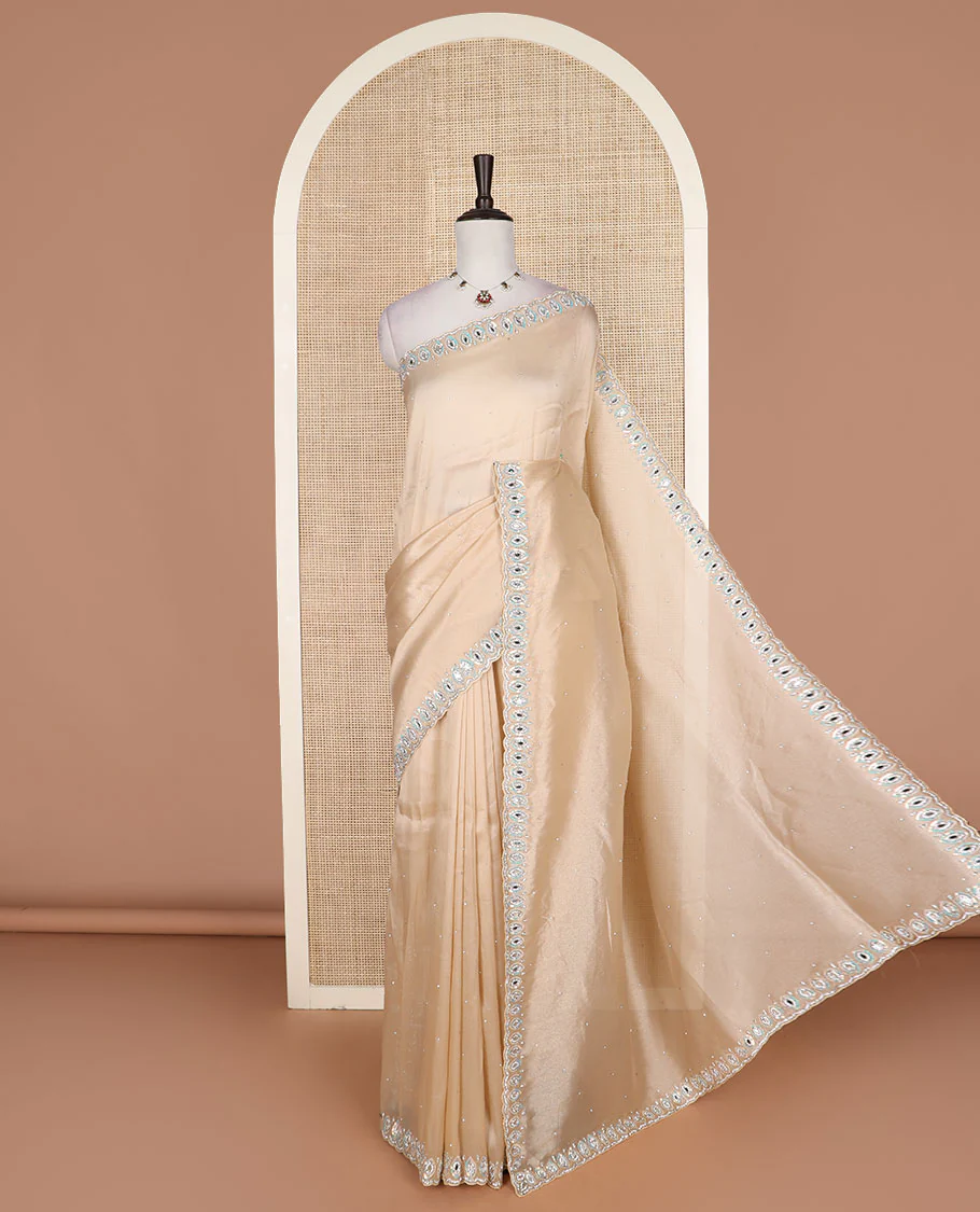 Sandal stone work designer saree, eye shaped embroidered scallop border