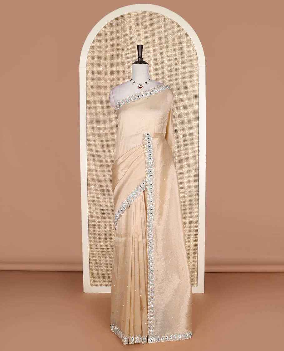 Sandal stone work designer saree, eye shaped embroidered scallop border - Image 2