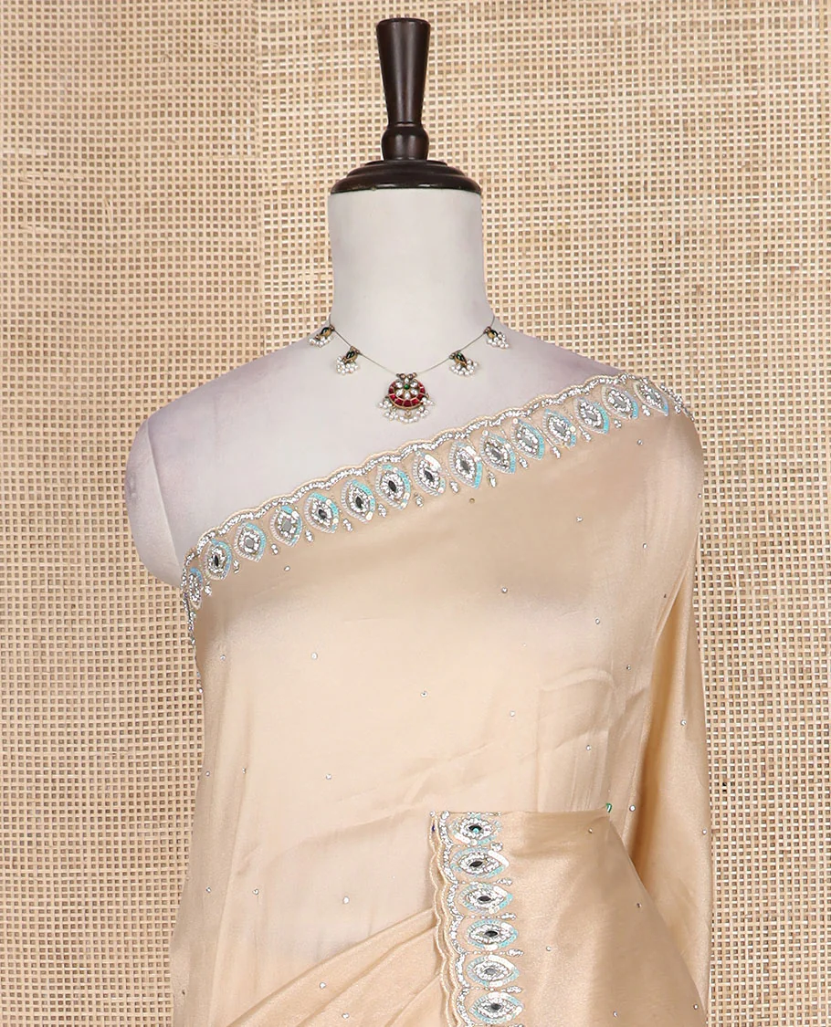 Sandal stone work designer saree, eye shaped embroidered scallop border - Image 3