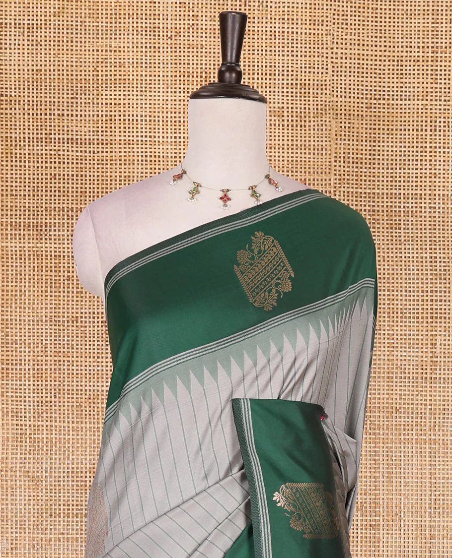 Grey striped and zari buttas Mulberry silk saree, contrast temple zari buttas border, intricate pallu, and contrast zari design blouse - Image 3
