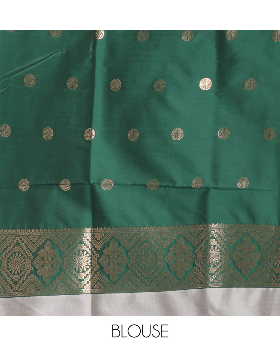 Grey striped and zari buttas Mulberry silk saree, contrast temple zari buttas border, intricate pallu, and contrast zari design blouse - Image 4