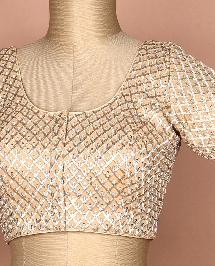 Sandal thread and sequins argyle design embroidered round neck elbow sleeve raw silk readymade blouse - Image 2