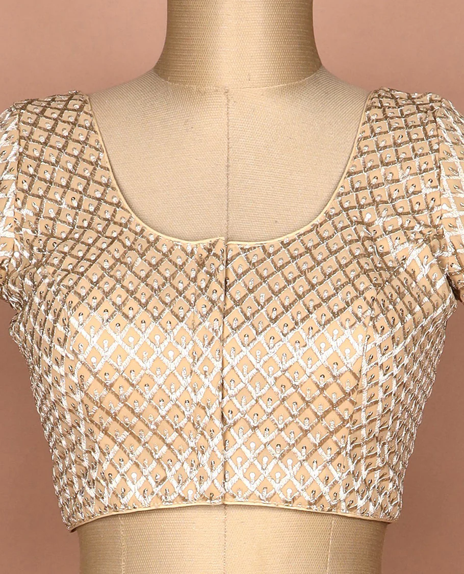 Sandal thread and sequins argyle design embroidered round neck elbow sleeve raw silk readymade blouse - Image 3